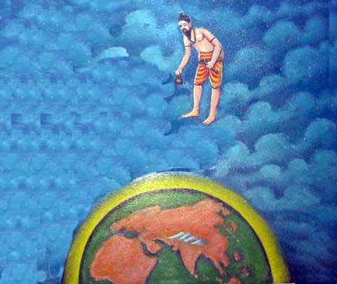 Bhogar, traversing the sky, observes faraway places like Arabia, Rome, and China.