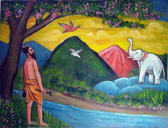 Bhogar observes a white elephant, white crow, reddish heron, emeralds and other gem stones on the northern side of Mount Meru