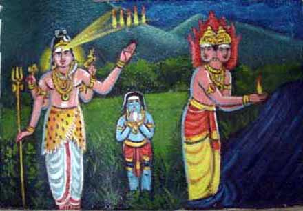 Six sparks appear from Lord Siva's third eye