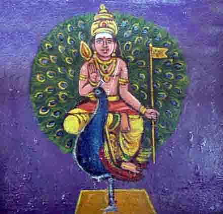 Lord Murugan takes the cock as His victory flag and the peacock as His vehicle.
