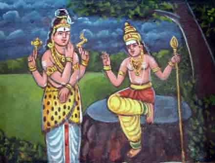Murugan explains the meaning of the pranava mantra to His Father, Lord Siva