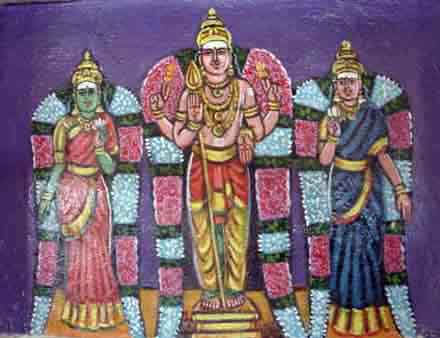 Lord Murugan with Śrī Valli and Śrī Teyvanai.